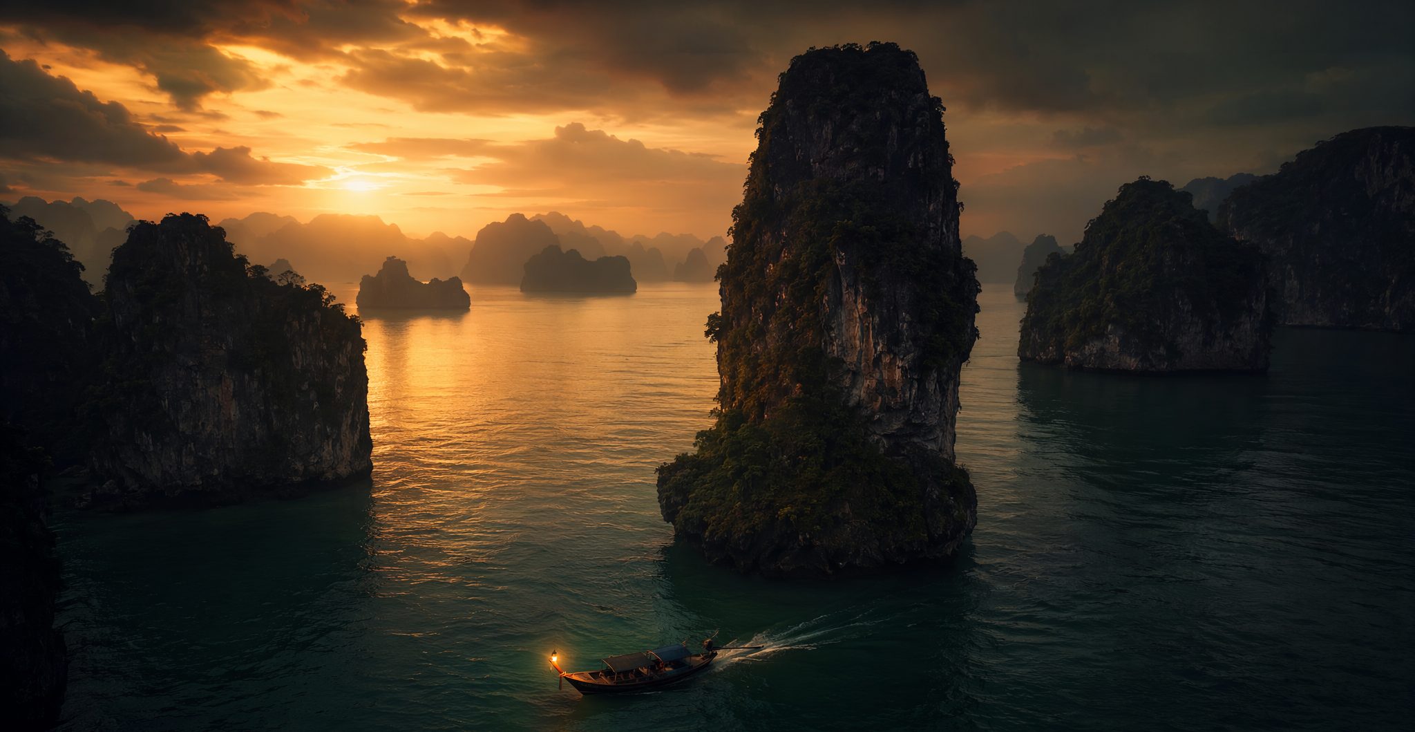 Limestone karsts of Phang Nga Bay, Thailand at dusk