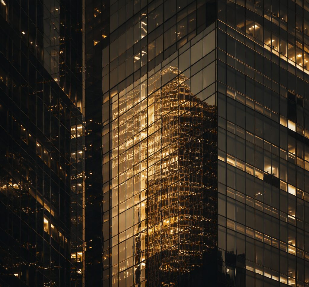 Glass financial towers at night