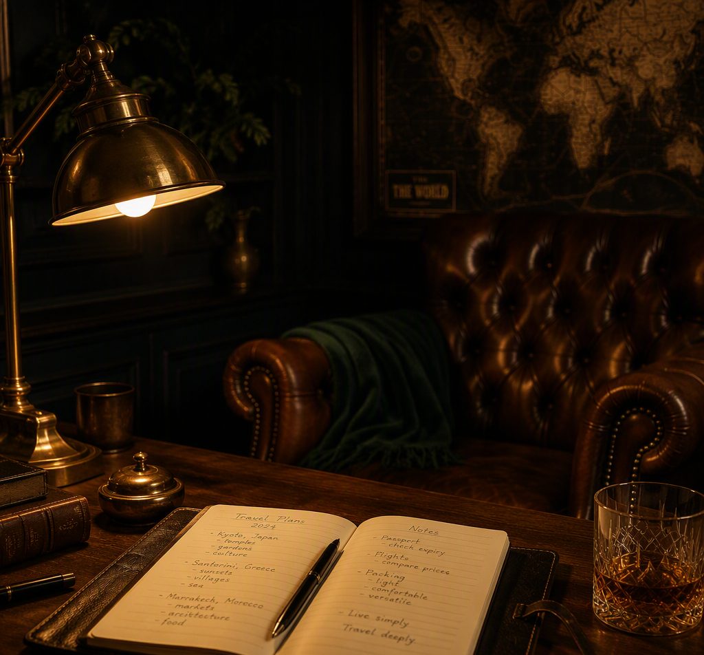 An elegant study with travel plans by lamplight