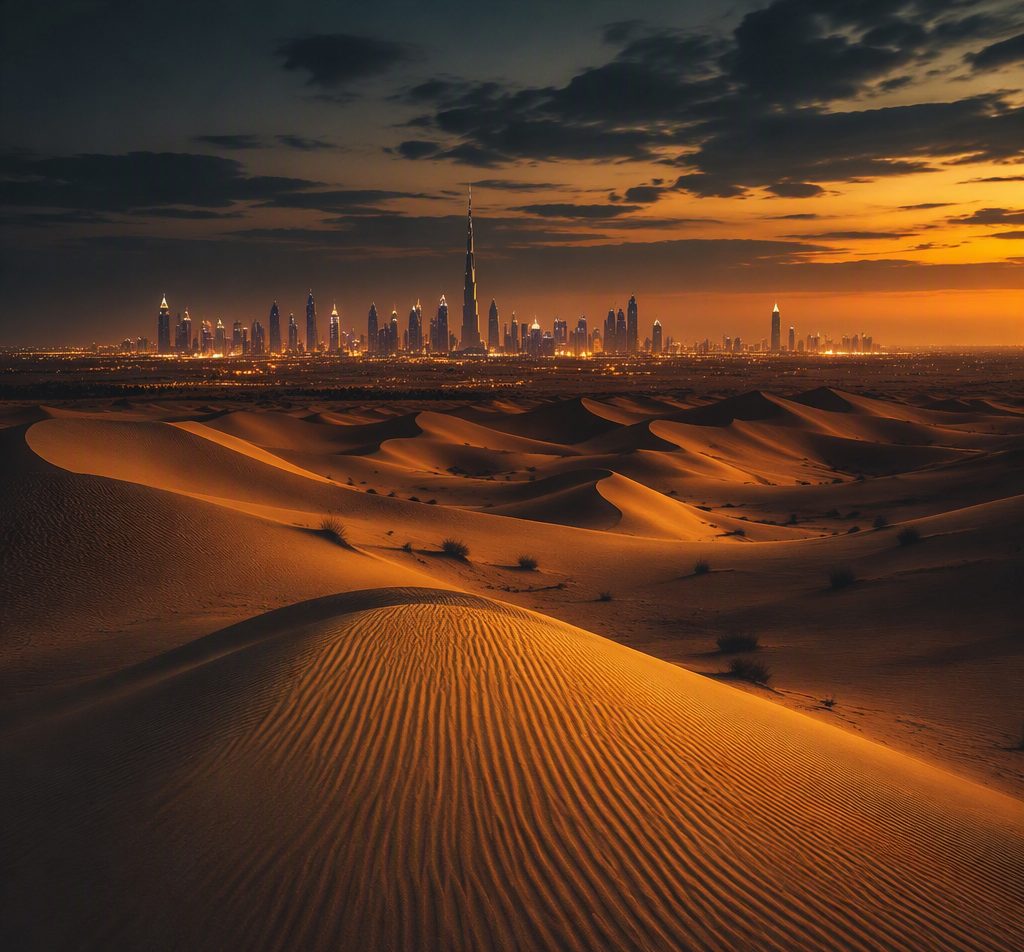 Desert dunes with the Dubai skyline at dusk