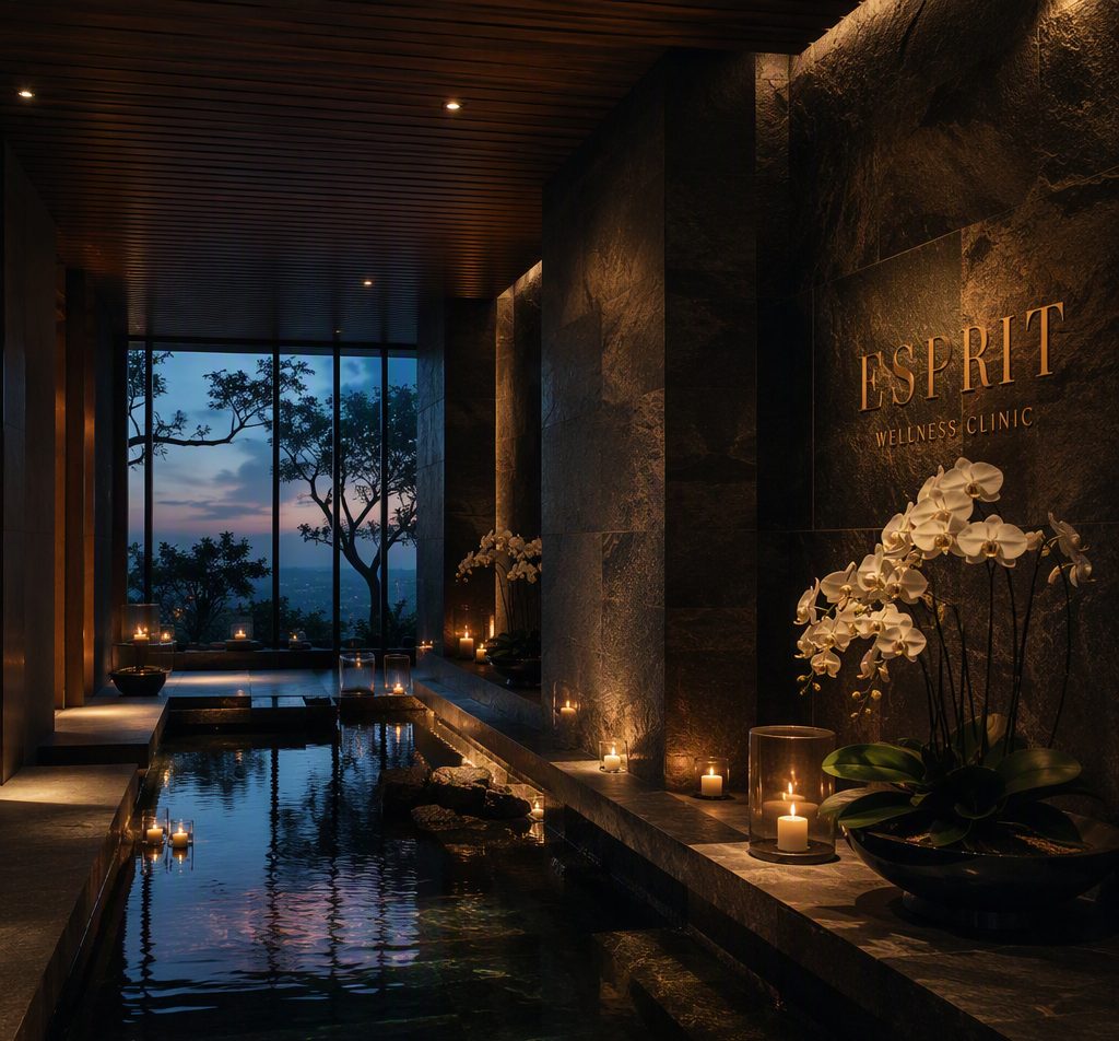 Serene luxury wellness interior at dusk