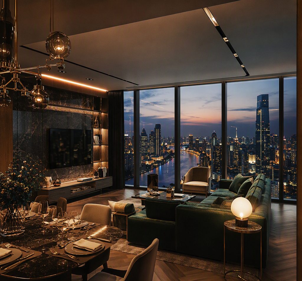 Luxury Bangkok penthouse interior at dusk