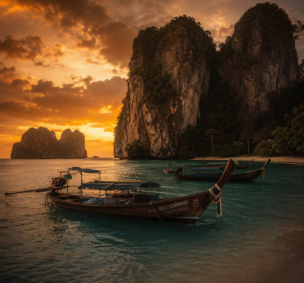 Longtail boats beneath limestone cliffs at dusk, Thailand