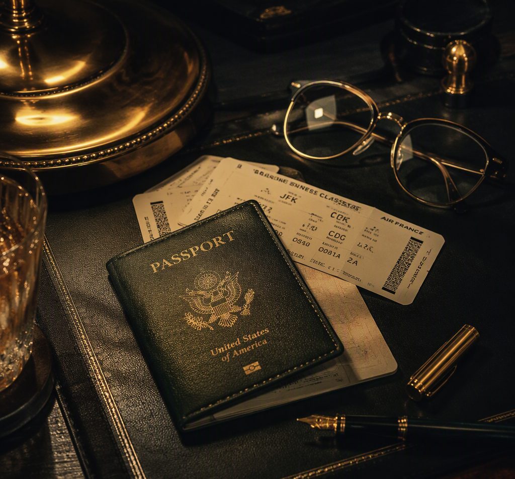 Passport and travel documents on a dark desk