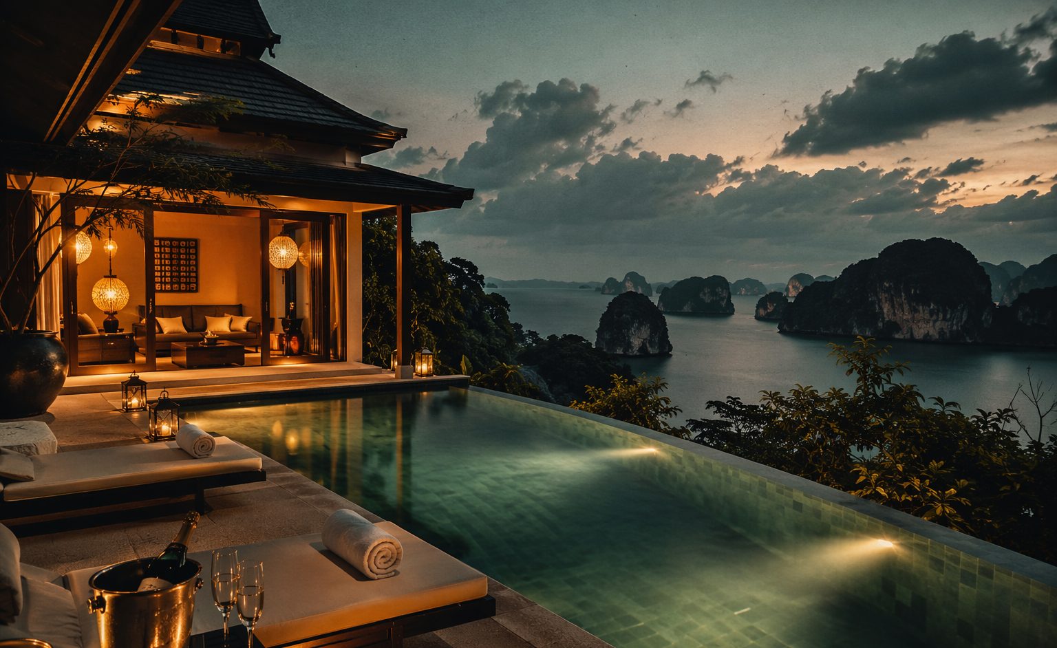 Private infinity pool at a Thai resort at dusk